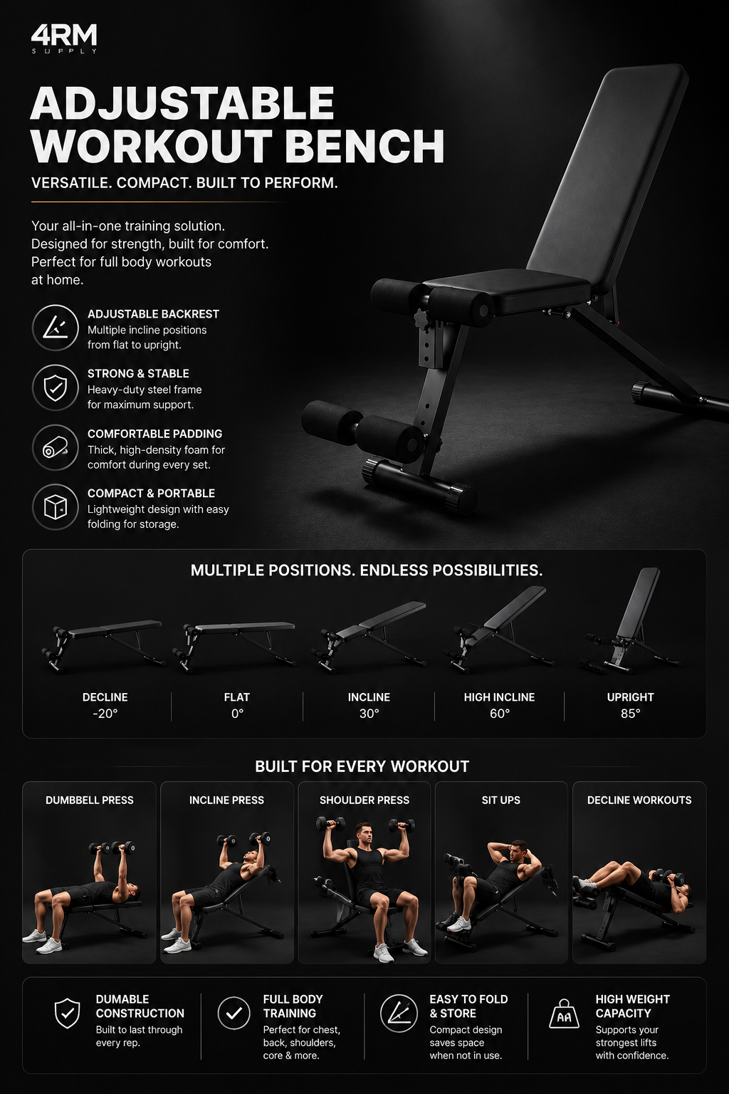 4RM Pro Adjustable Workout Bench | Foldable Multi-Angle Bench