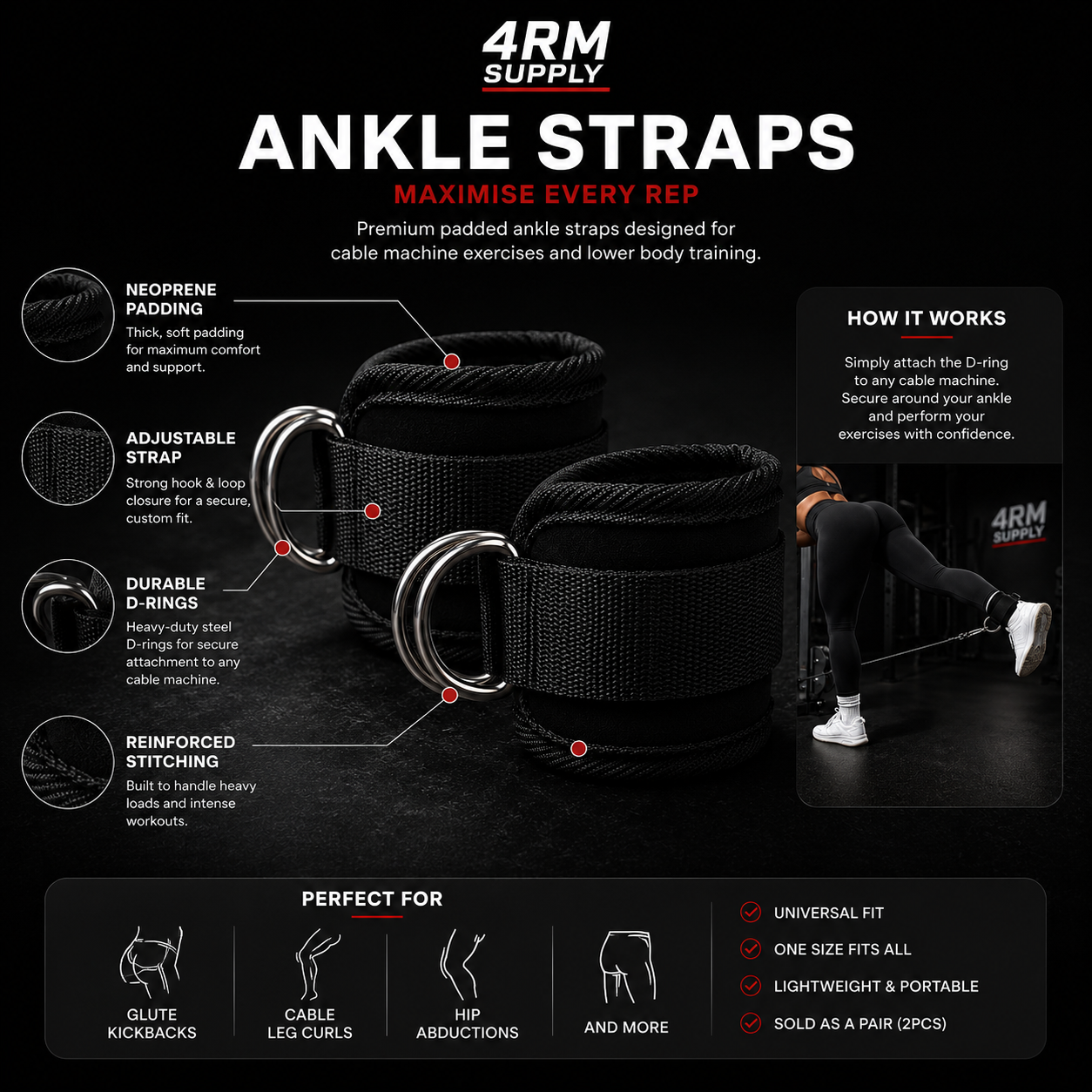 4RM Pro Ankle Straps | Heavy Duty Cable Attachment (Pair)